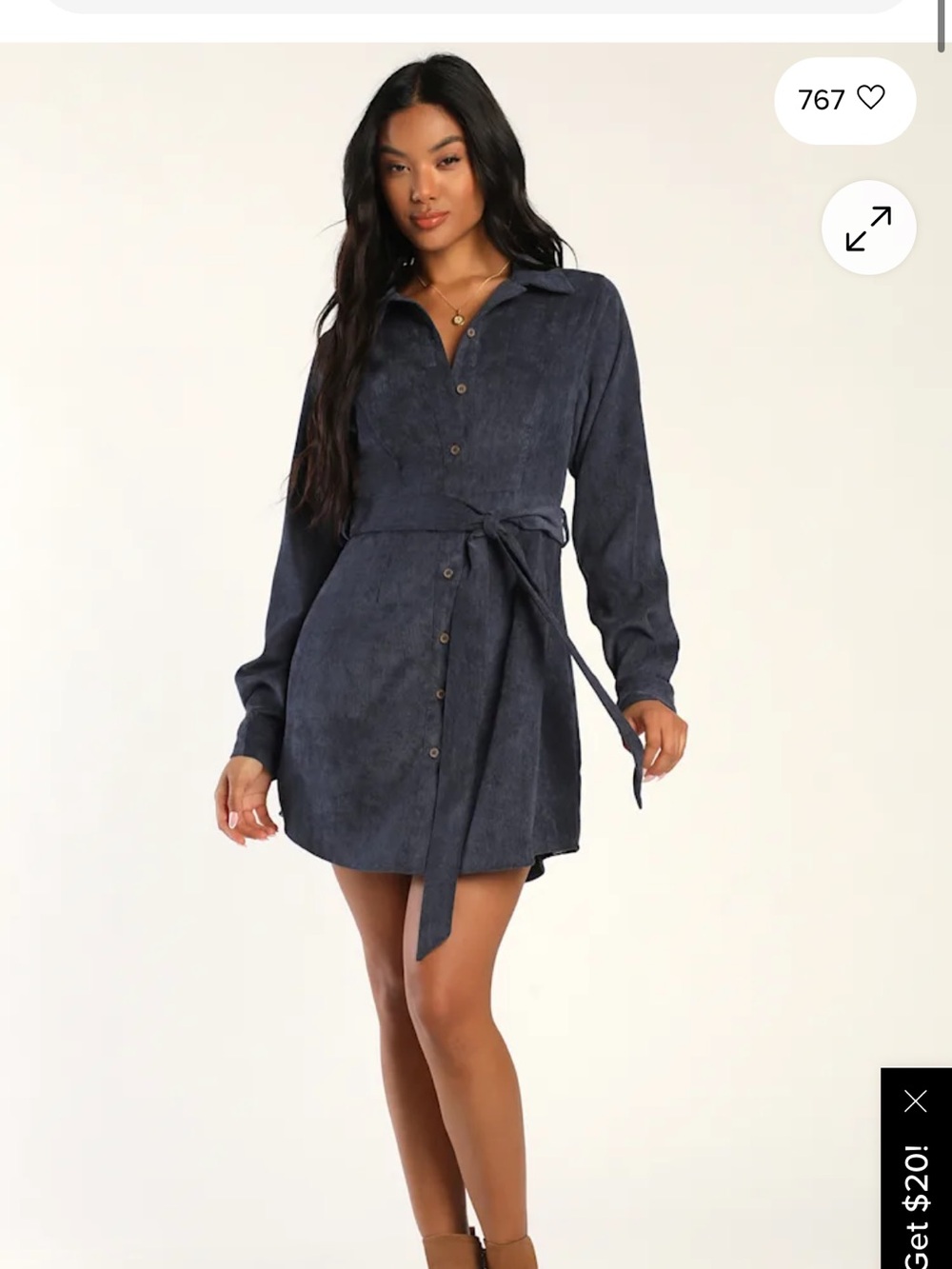 NWOT Lulu's Navy Button-Front Mini Shirt Dress with Waist Tie